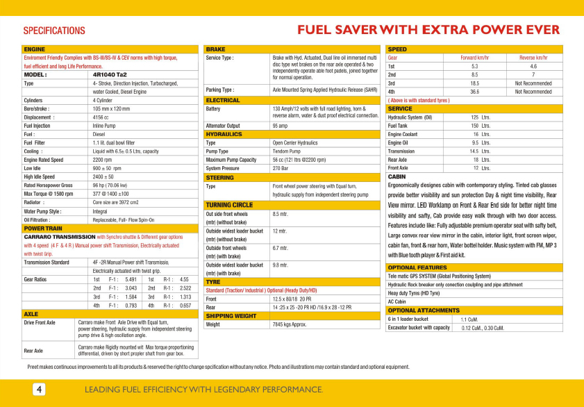 specifications PREET 4WD Backhoe Loader