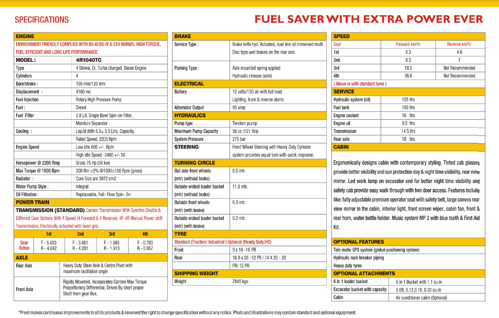 specifications-PREET-Backhoe-Loader